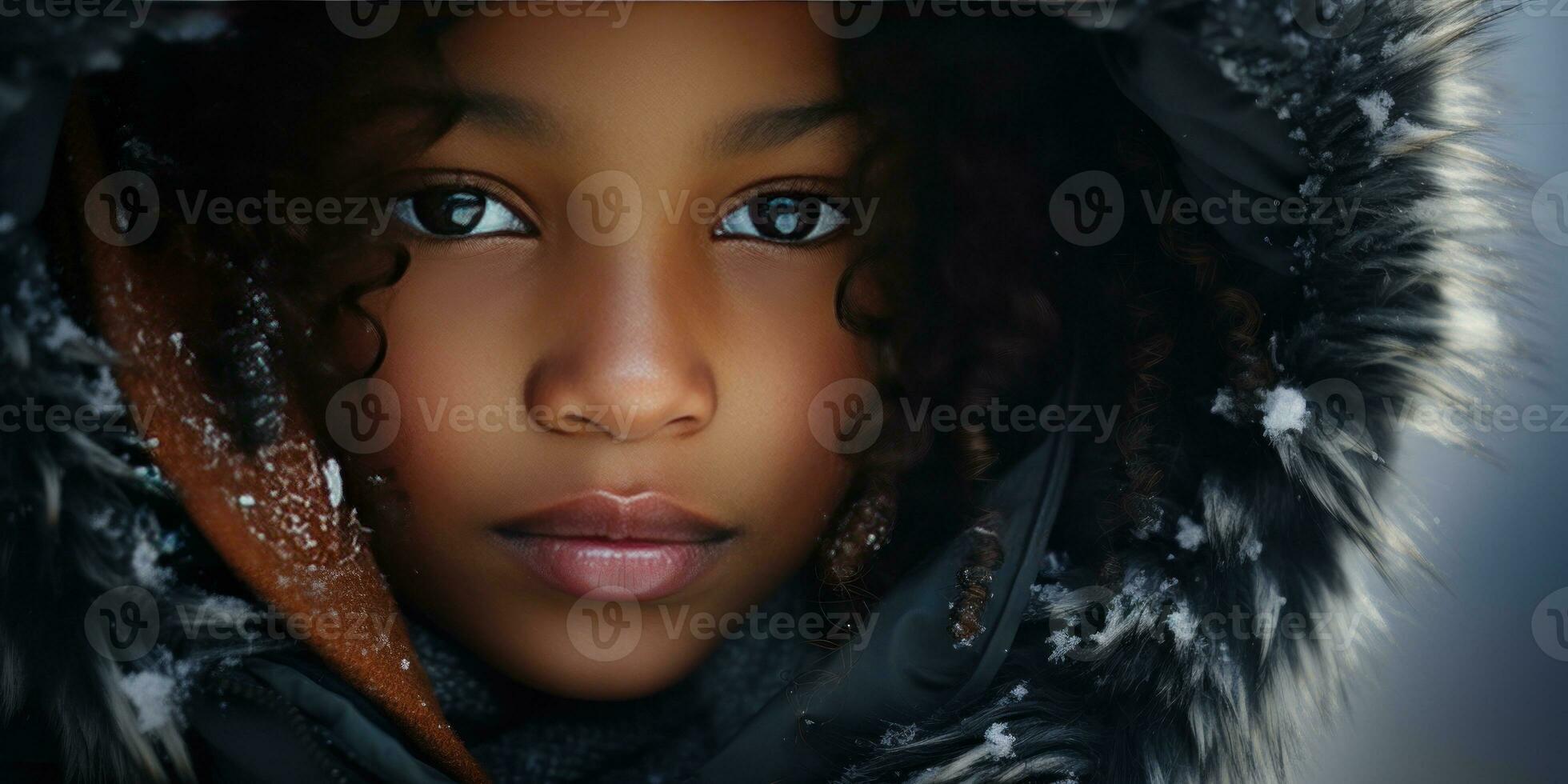 AI generated Close-up of a young black girl in a luxurious fur hooded coat. AI generative. photo