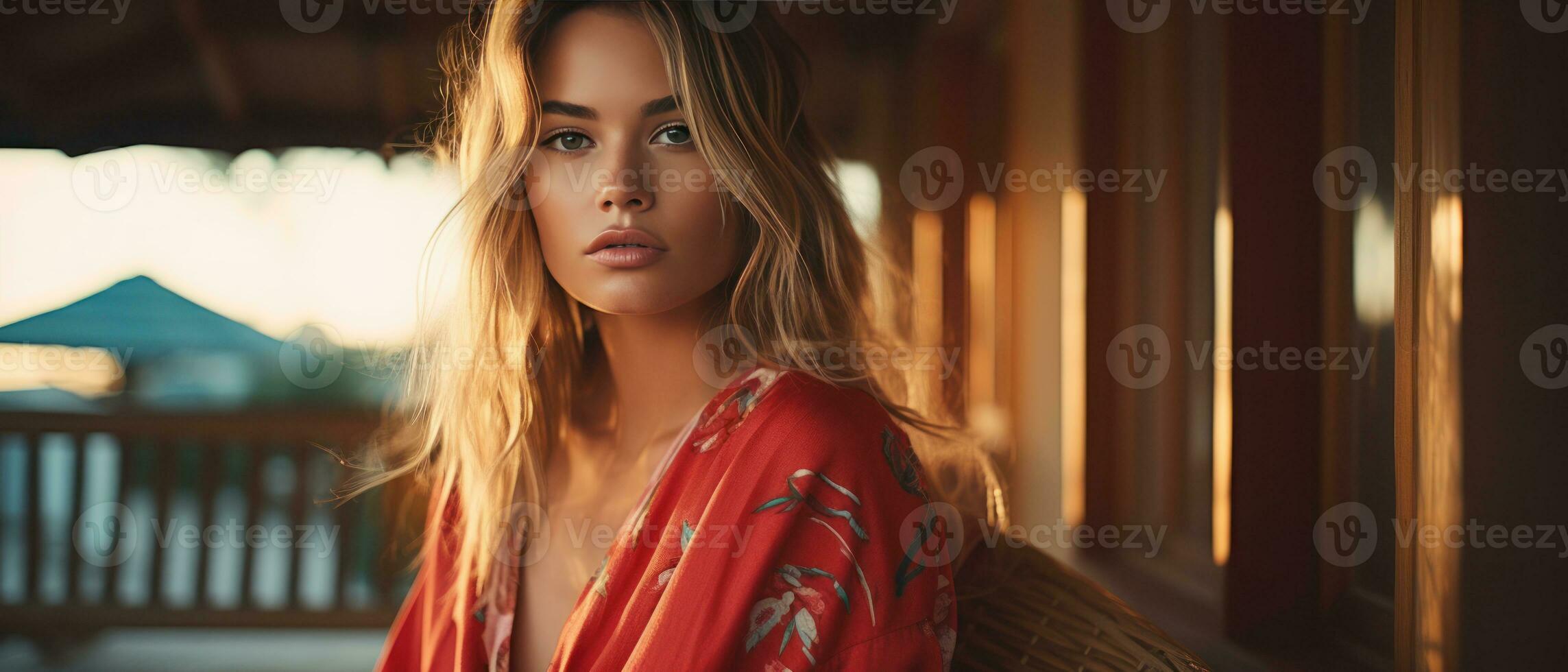 AI generated Woman in a red robe on a balcony, bathed in sunset rays. AI generative. photo