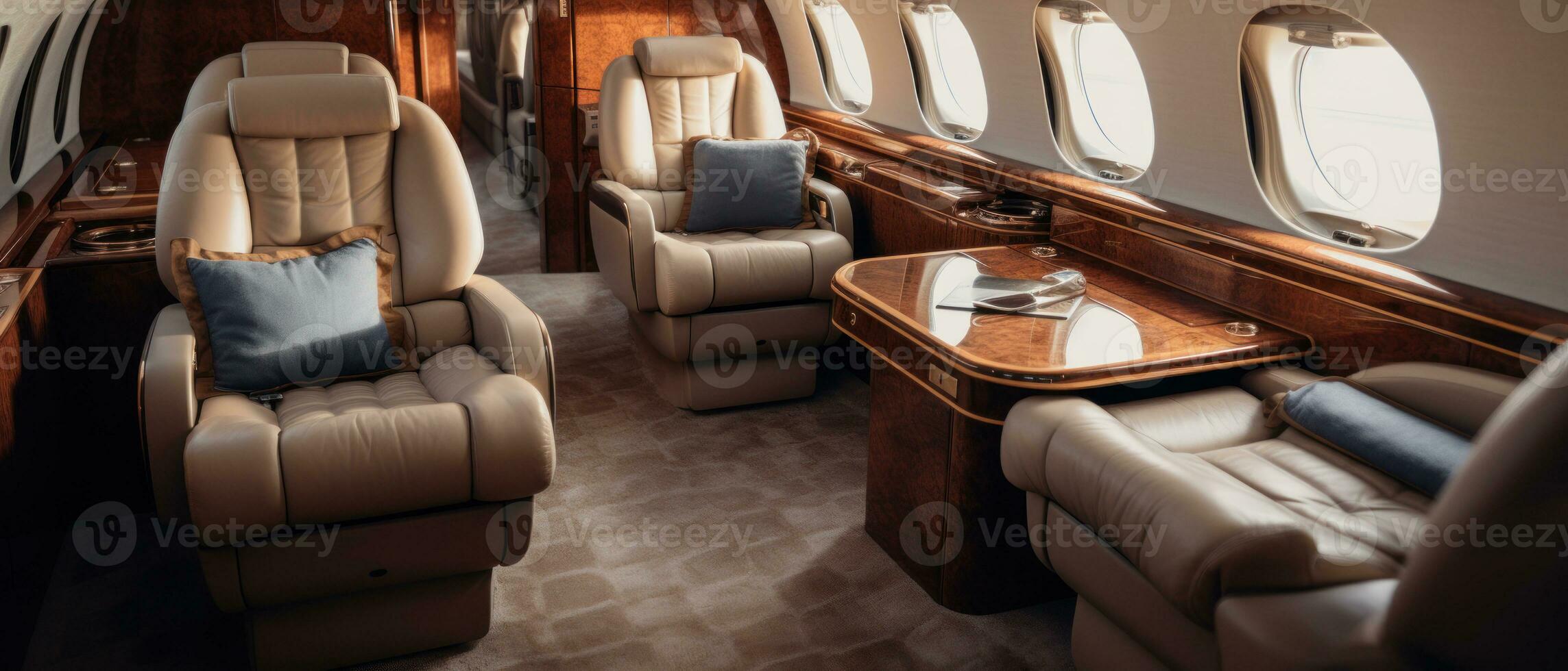 AI generated Luxurious private jet interior, leather seats, plush upholstery. AI generative. photo