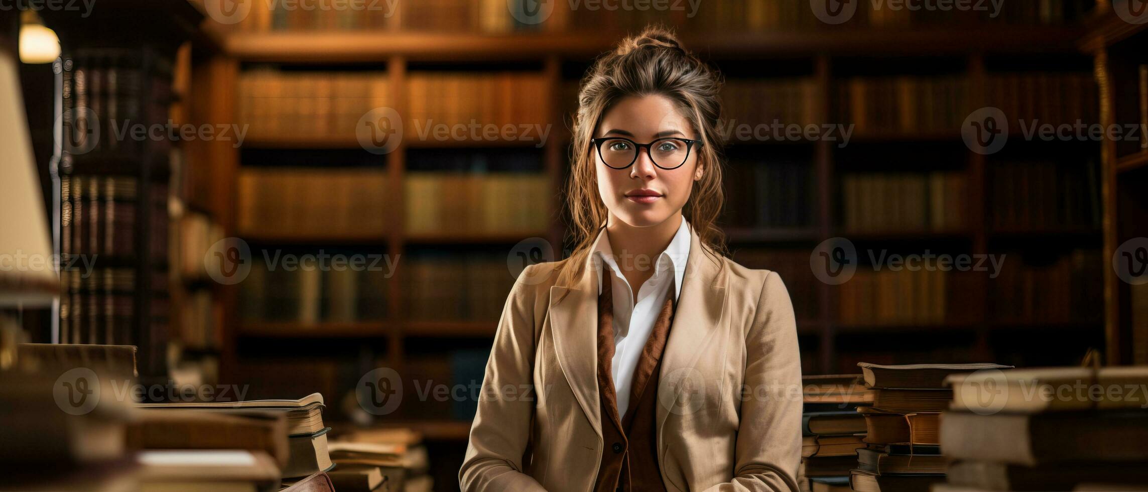 AI generated Trendy female student sitting among bookshelves in an old university library, deeply engrossed in studying. photo