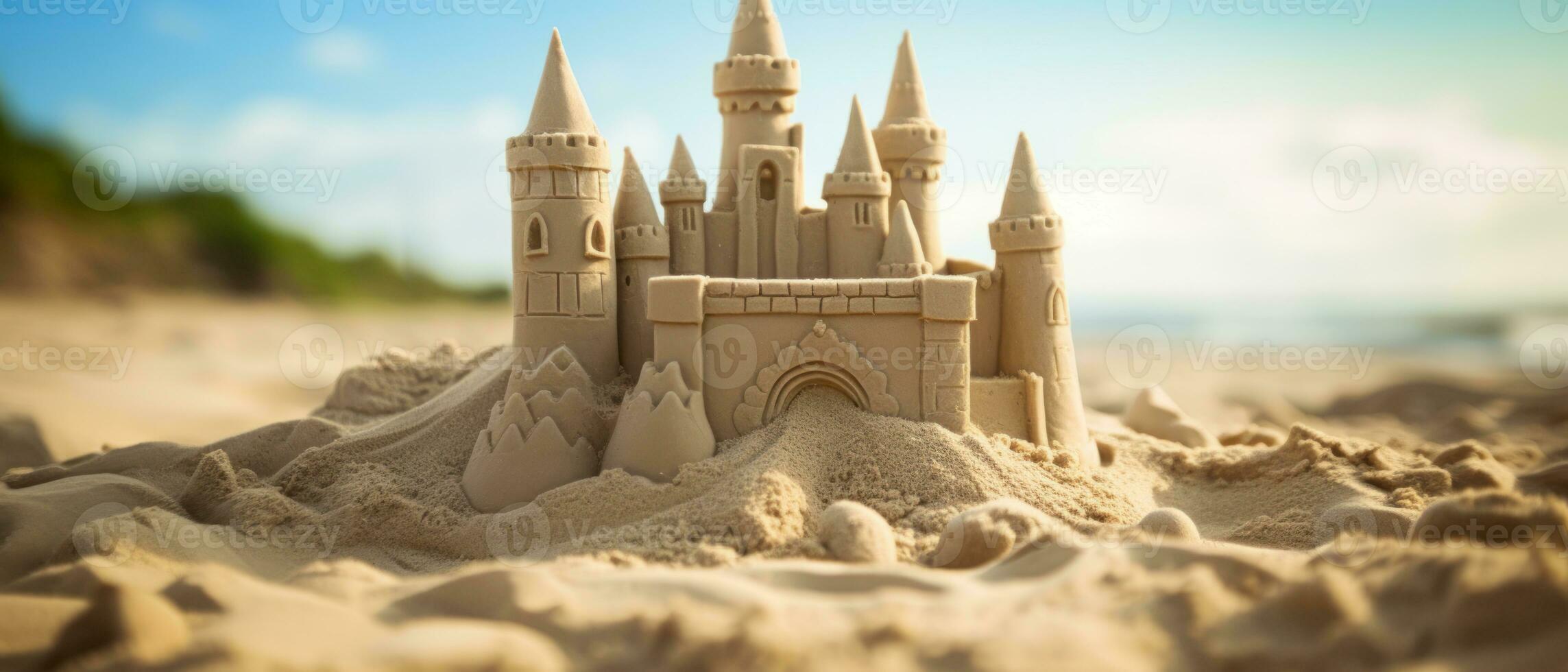 AI generated Meticulously crafted sandcastle against the ocean. AI generative. photo