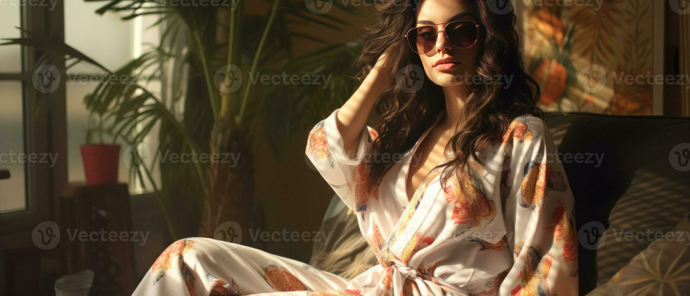 AI generated Woman in vibrant colorful flower dress lying gracefully on a sofa. AI generative. photo