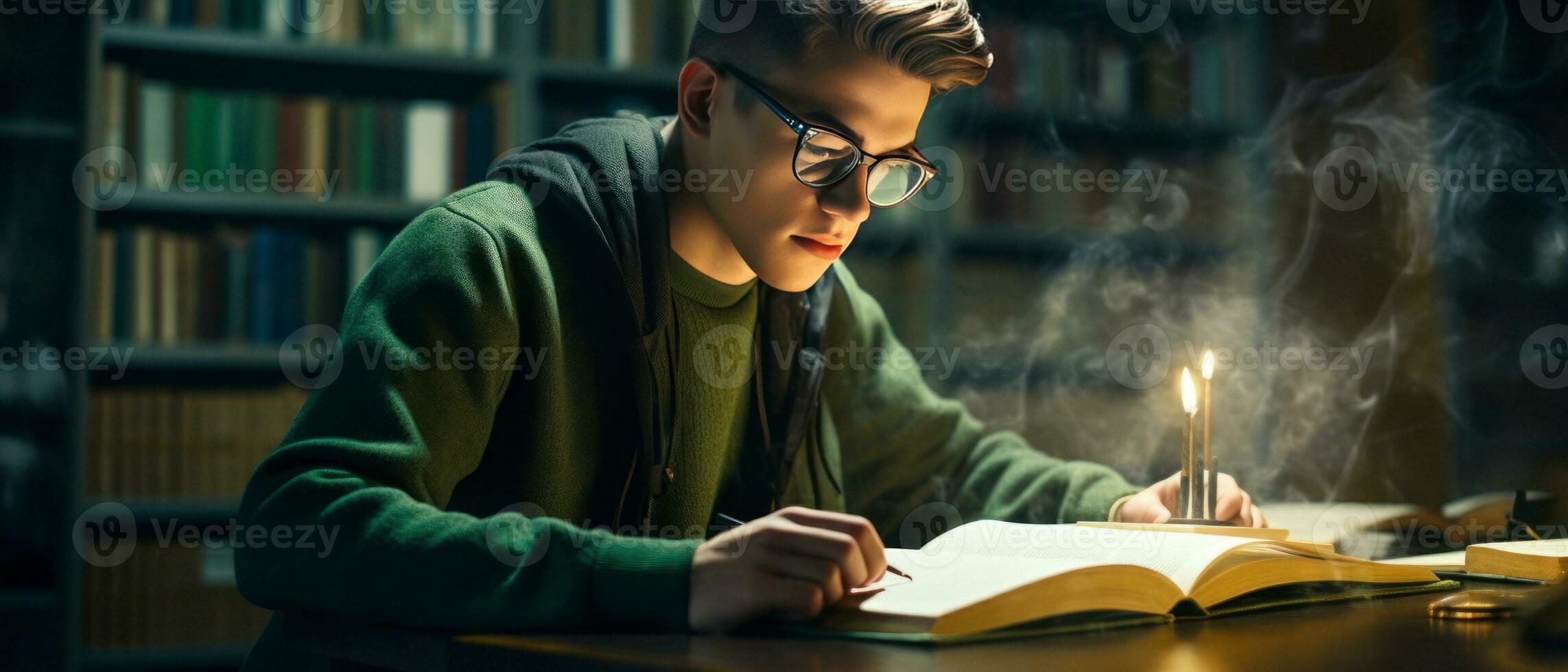 AI generated Young man in glasses deeply engrossed in a book, in a library. AI generative. photo