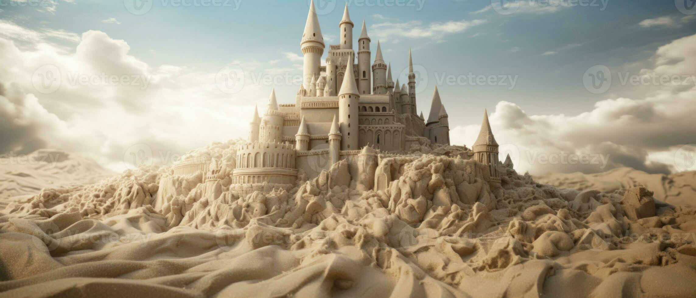 AI generated Intricate sand castle in the desert, standing on a hill. AI generative. photo