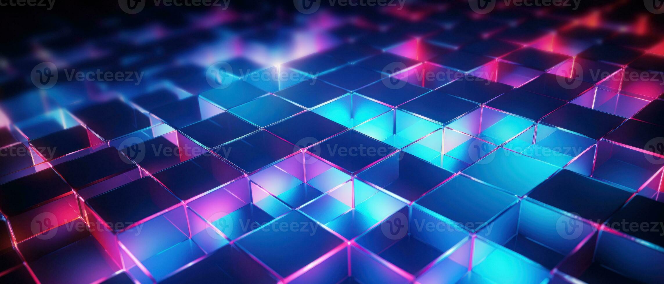 AI generated Bright neon elements and 3D cubes create a modern, tech-savvy atmosphere. photo