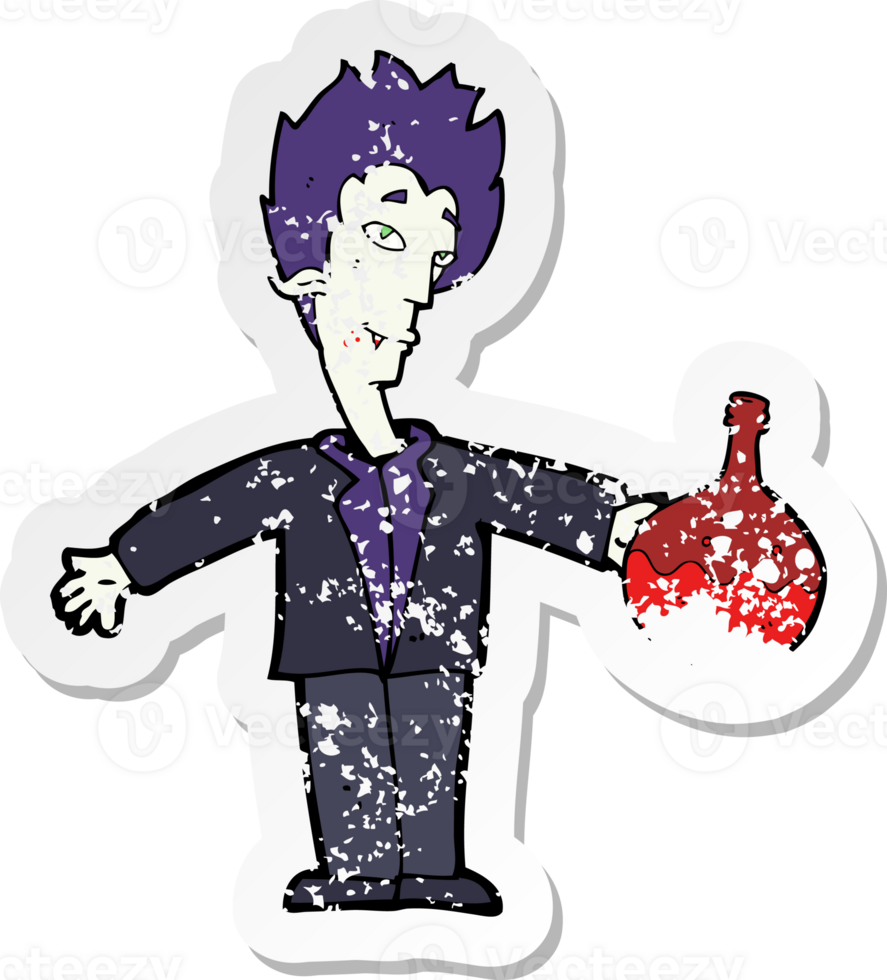 retro distressed sticker of a cartoon vampire with blood png