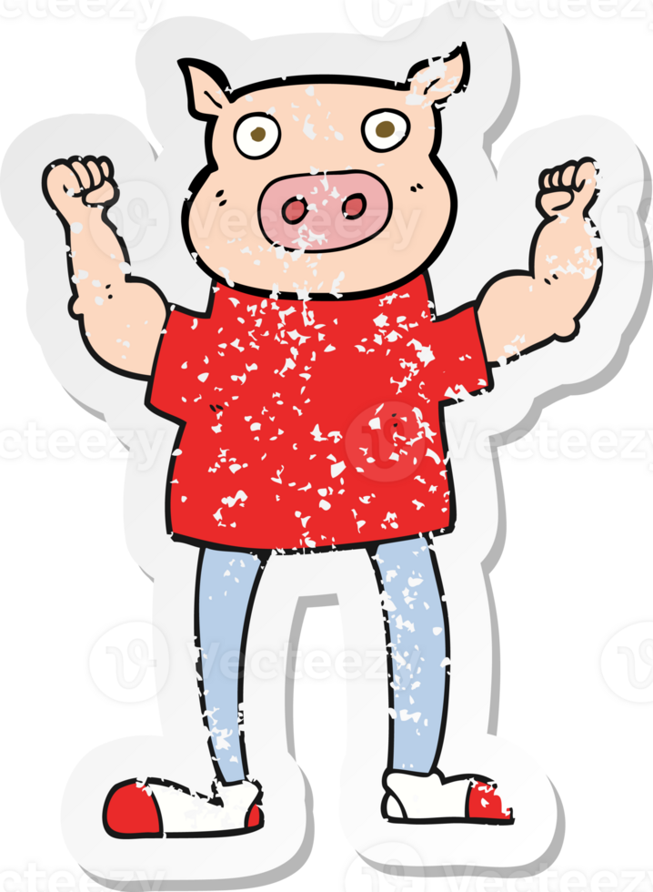 retro distressed sticker of a cartoon pig man png