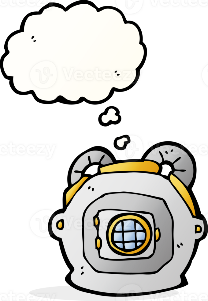 cartoon old deep sea diver helmet with thought bubble png