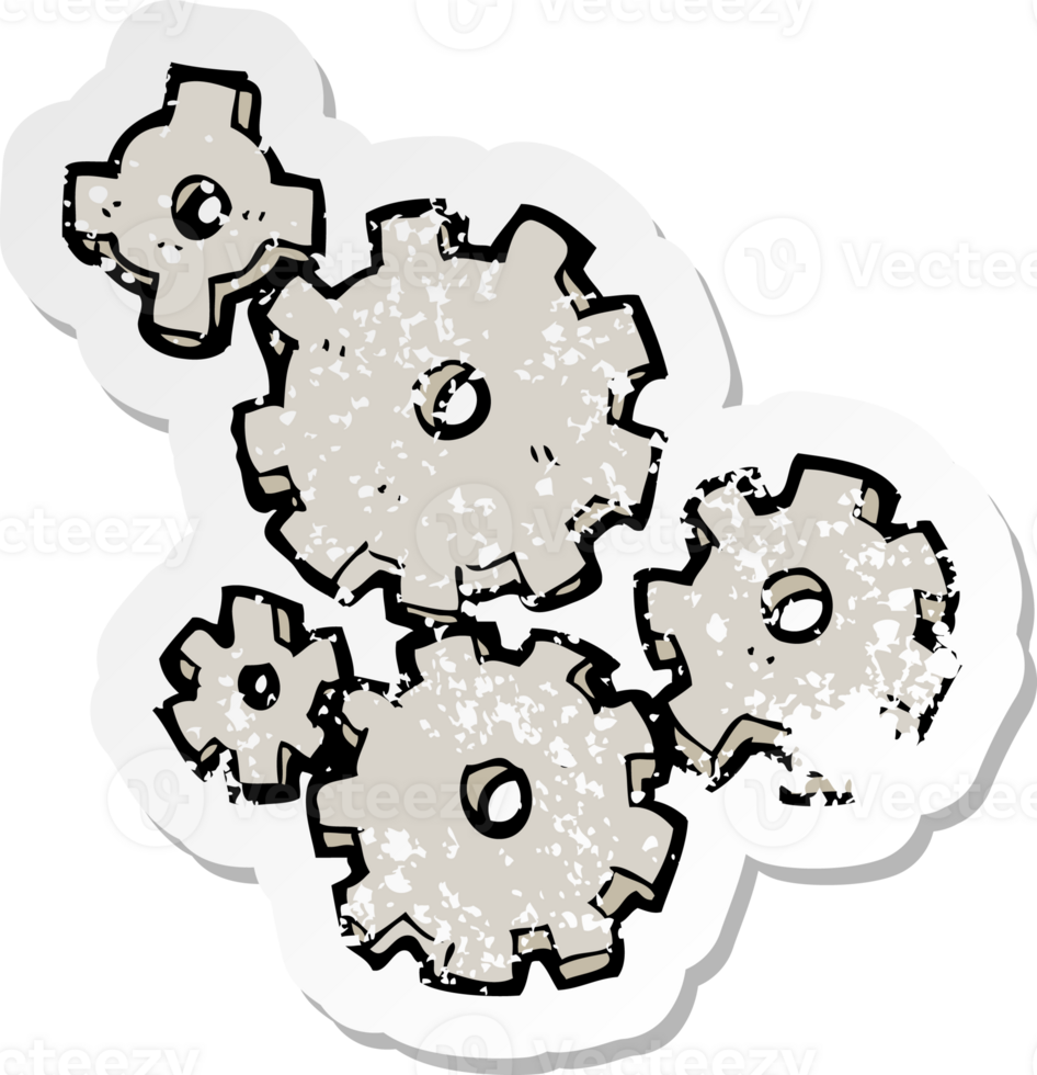 retro distressed sticker of a cartoon cogs and gears png