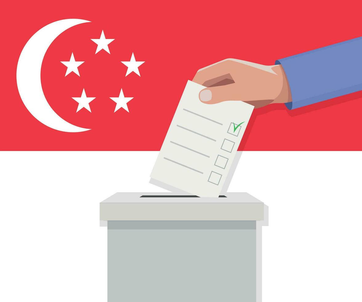 Singapore election concept. Hand puts vote bulletin vector