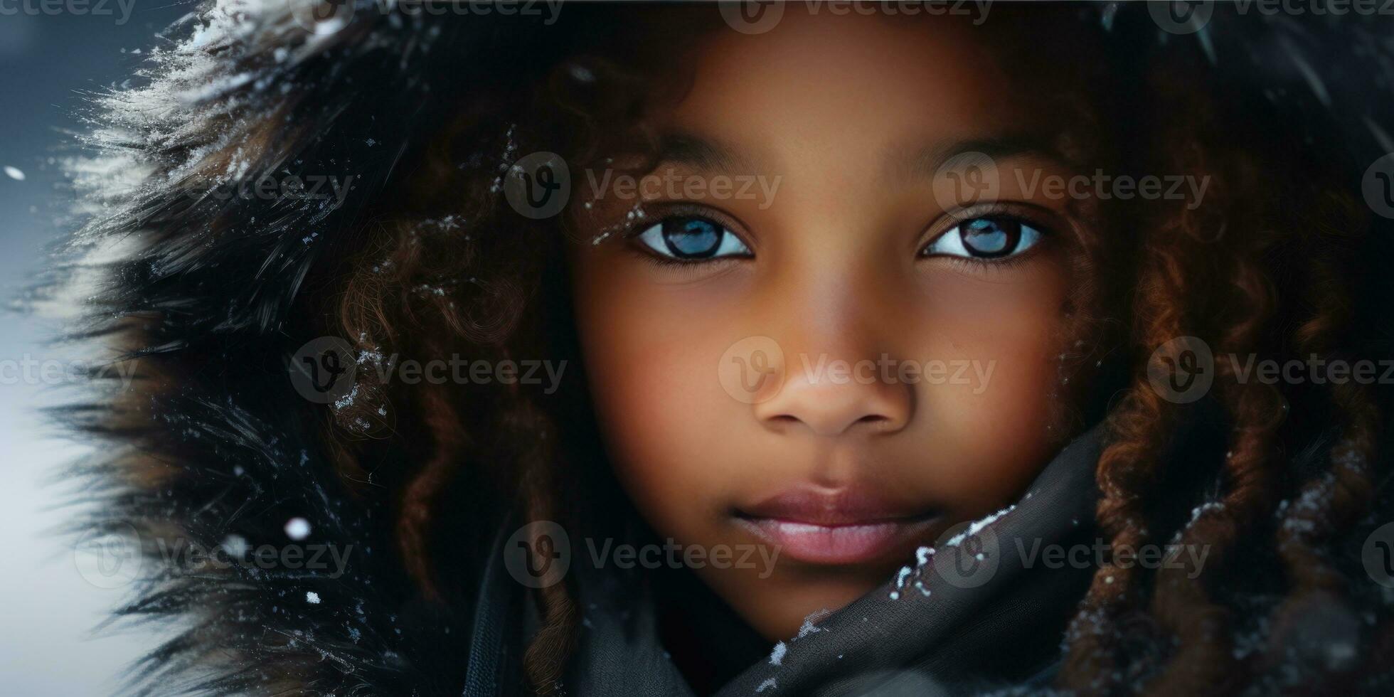 AI generated Close-up of a young black girl in a luxurious fur hooded coat. AI generative. photo