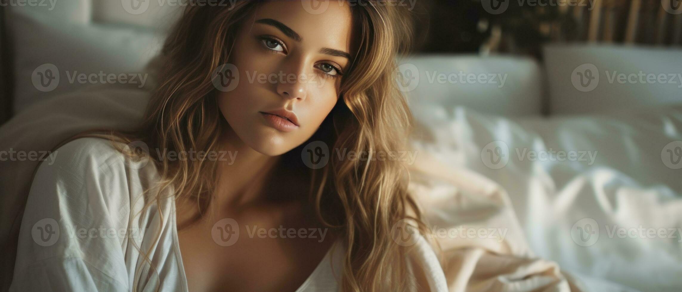 AI generated Enchanting young woman in bed. AI generative. photo