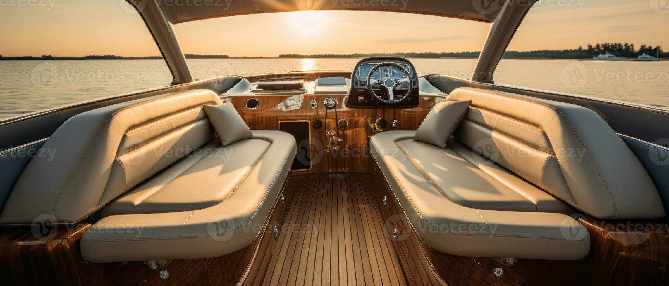 AI generated Luxury boat interior at sunset, ambient lighting. AI generative. photo