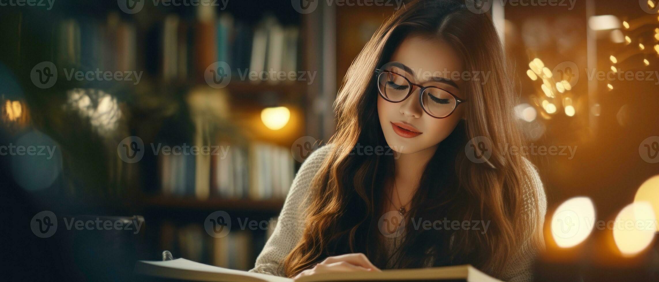 AI generated Young Asian woman engrossed in a book in a library. AI generative. photo