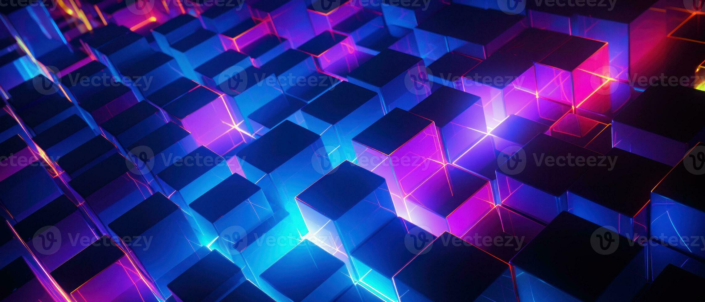 AI generated Bright neon elements and 3D cubes create a modern, tech-savvy atmosphere. photo