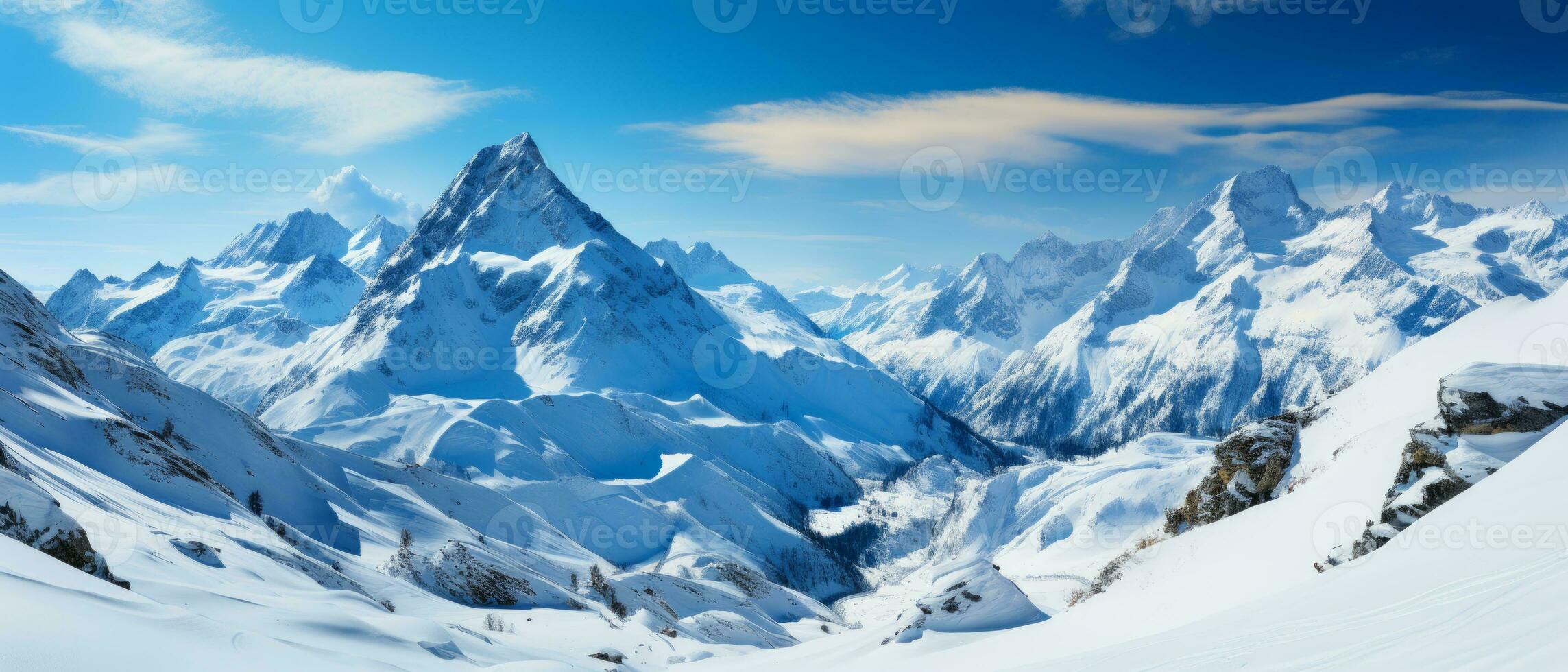 AI generated Breathtaking view of white, snowy mountains under the sun, offering a perfect setting for a winter vacation or ski resort adventure. photo