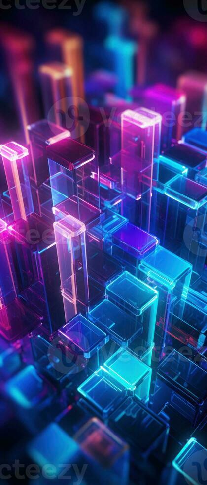 AI generated The bright neon patterns and 3D perspective convey the concept of a virtual world within a concrete jungle. photo