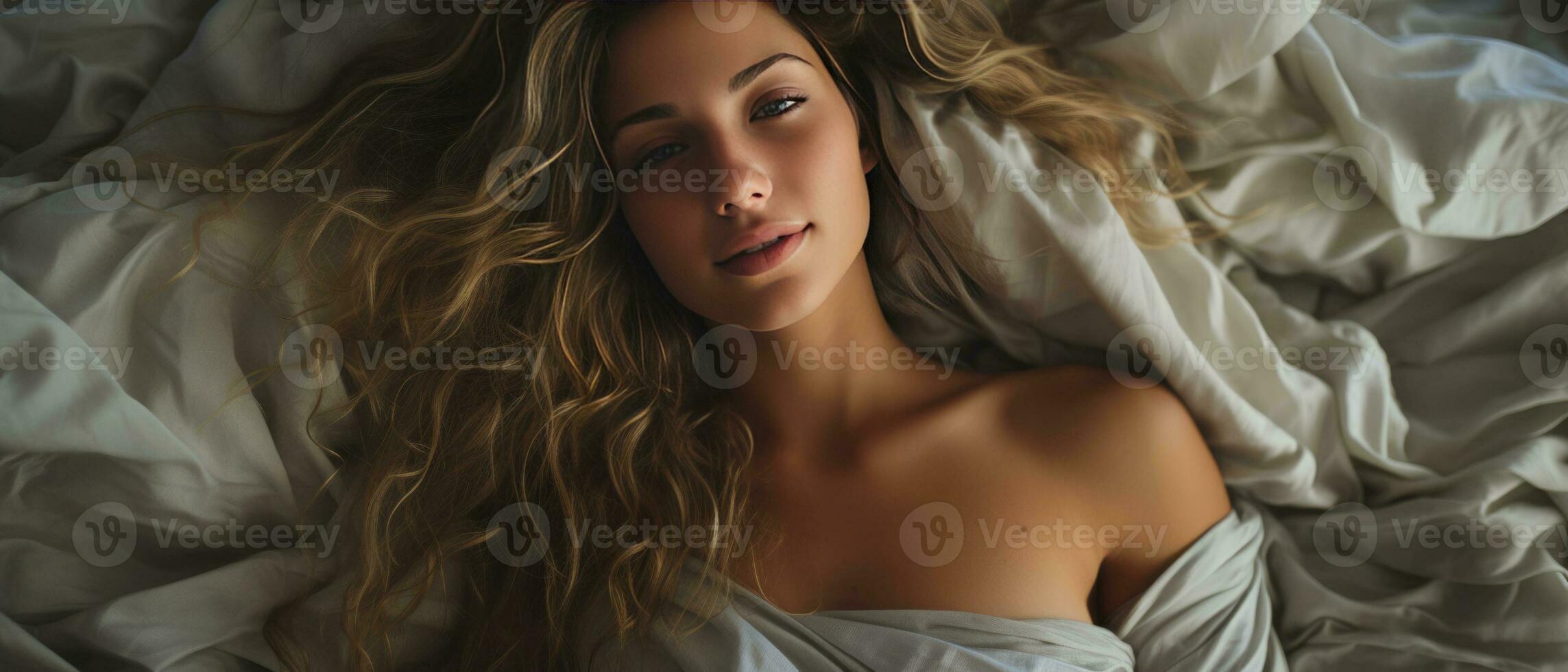 AI generated Elegant young woman lying on a bed, showcasing her beauty and style. With her long, curly hair and natural makeup, she exudes sensuality and glamour. photo