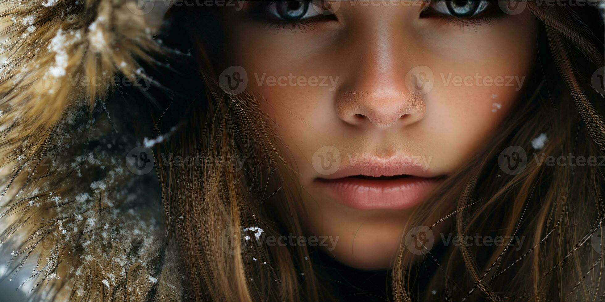 AI generated Close-up of woman in hooded coat, intense gaze, and detailed facial features. AI generative. photo