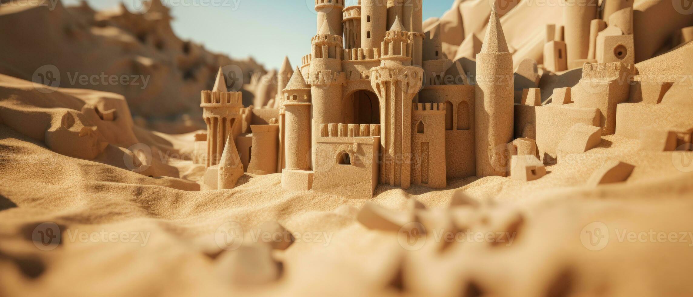 AI generated Majestic sand castle with intricate turrets. AI generative. photo