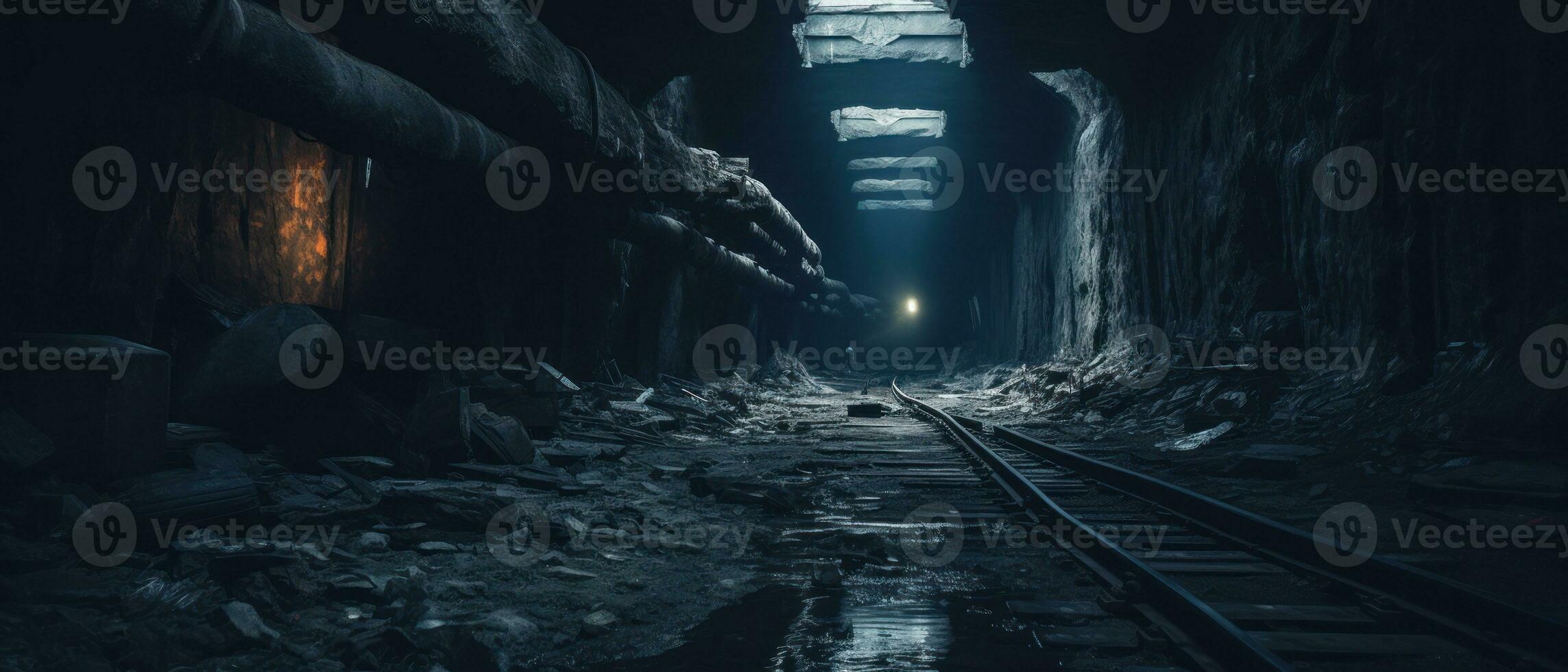 AI generated Eerie underground tunnel with abandoned train track. AI generative. photo