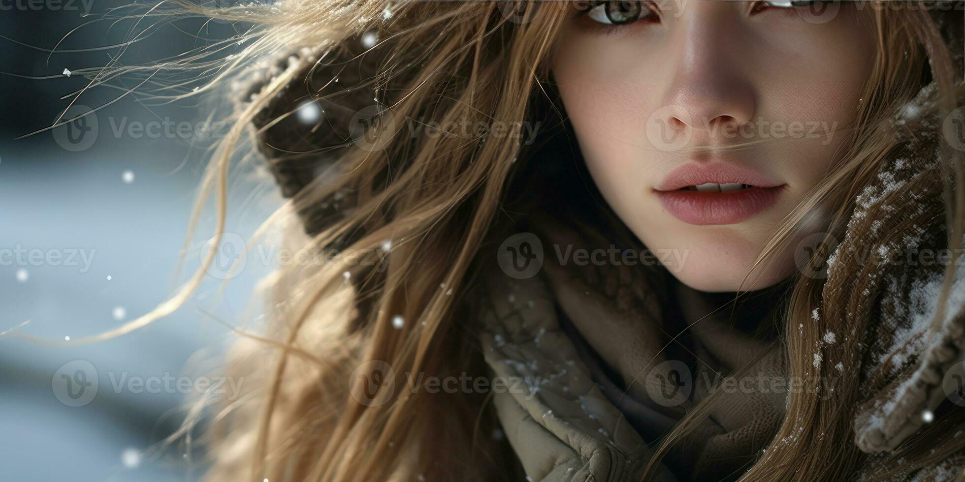 AI generated Close-up of woman in hooded coat, intense gaze, and detailed facial features. AI generative. photo