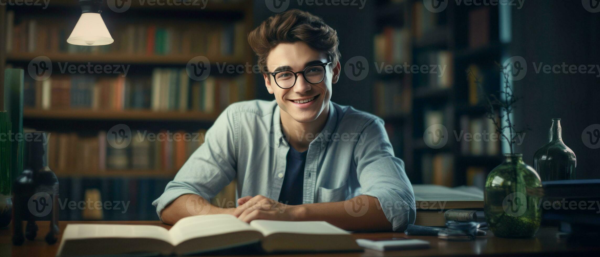 AI generated Young man in glasses deeply engrossed in a book, in a library. AI generative. photo