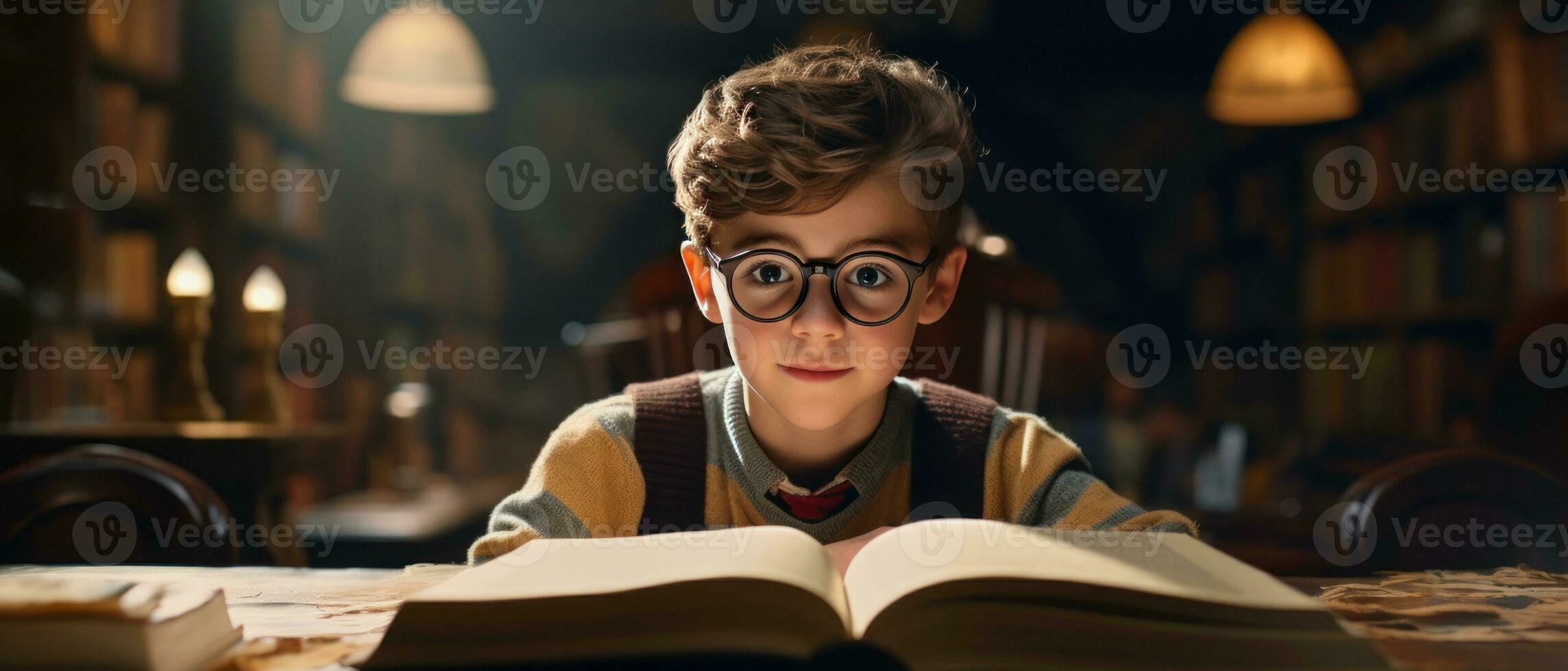 AI generated Young reader in sweater and glasses, absorbed in enchanting story,. AI generative. photo