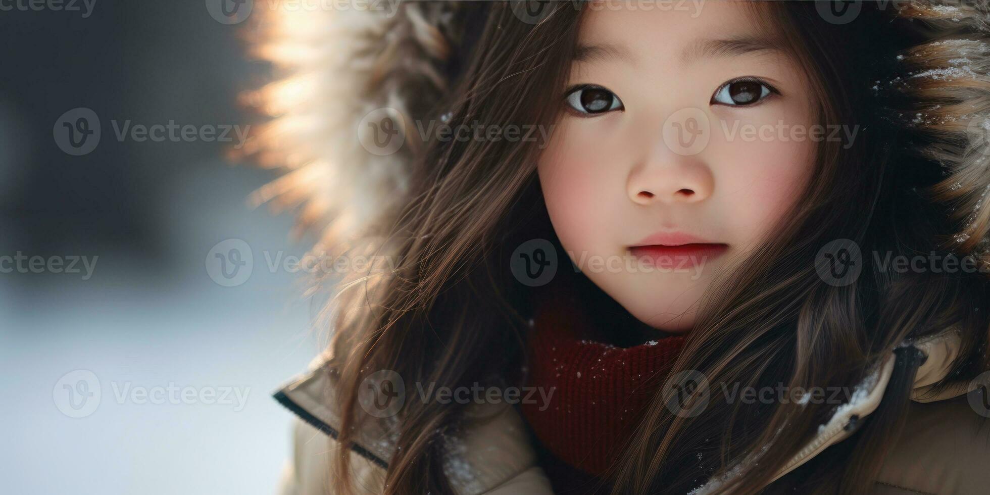 AI generated Young girl in fur coat with intense gaze. AI generative. photo