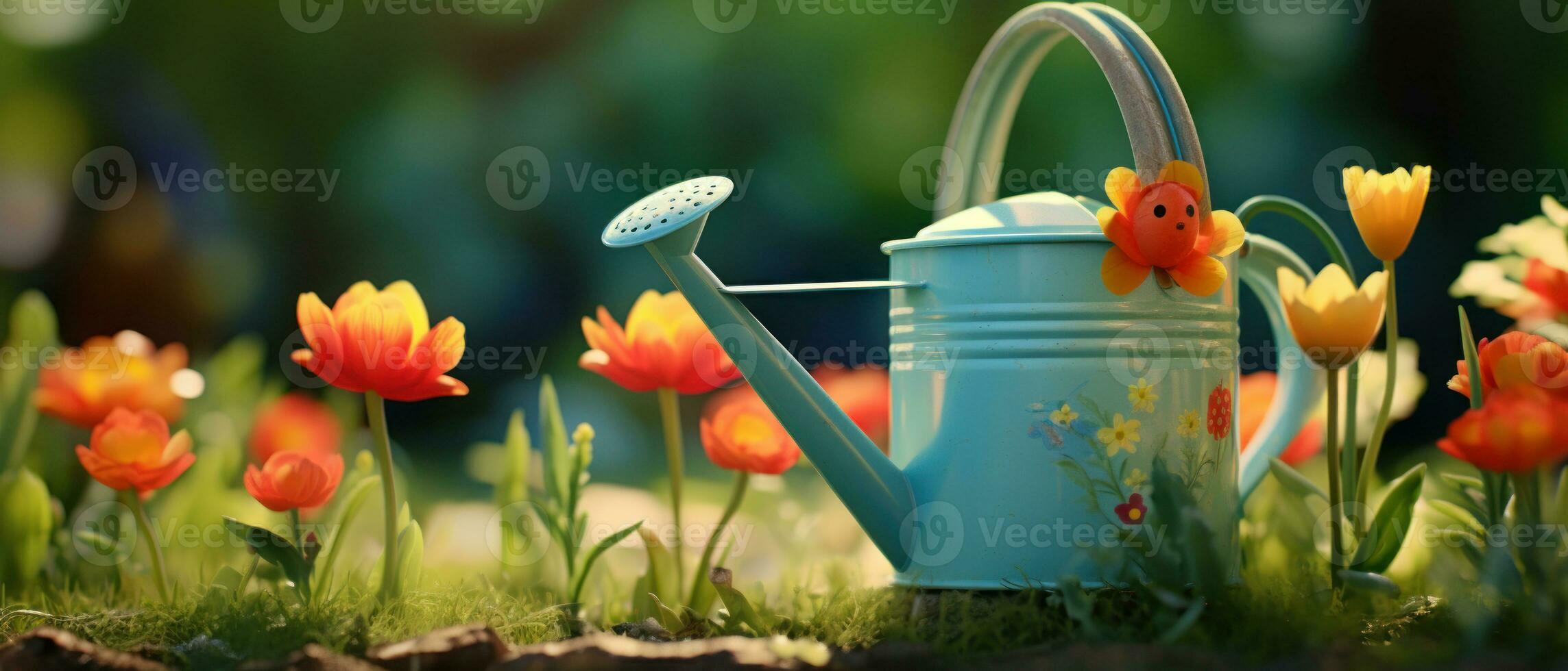 AI generated Charming watering can in a vibrant garden. AI generative. photo