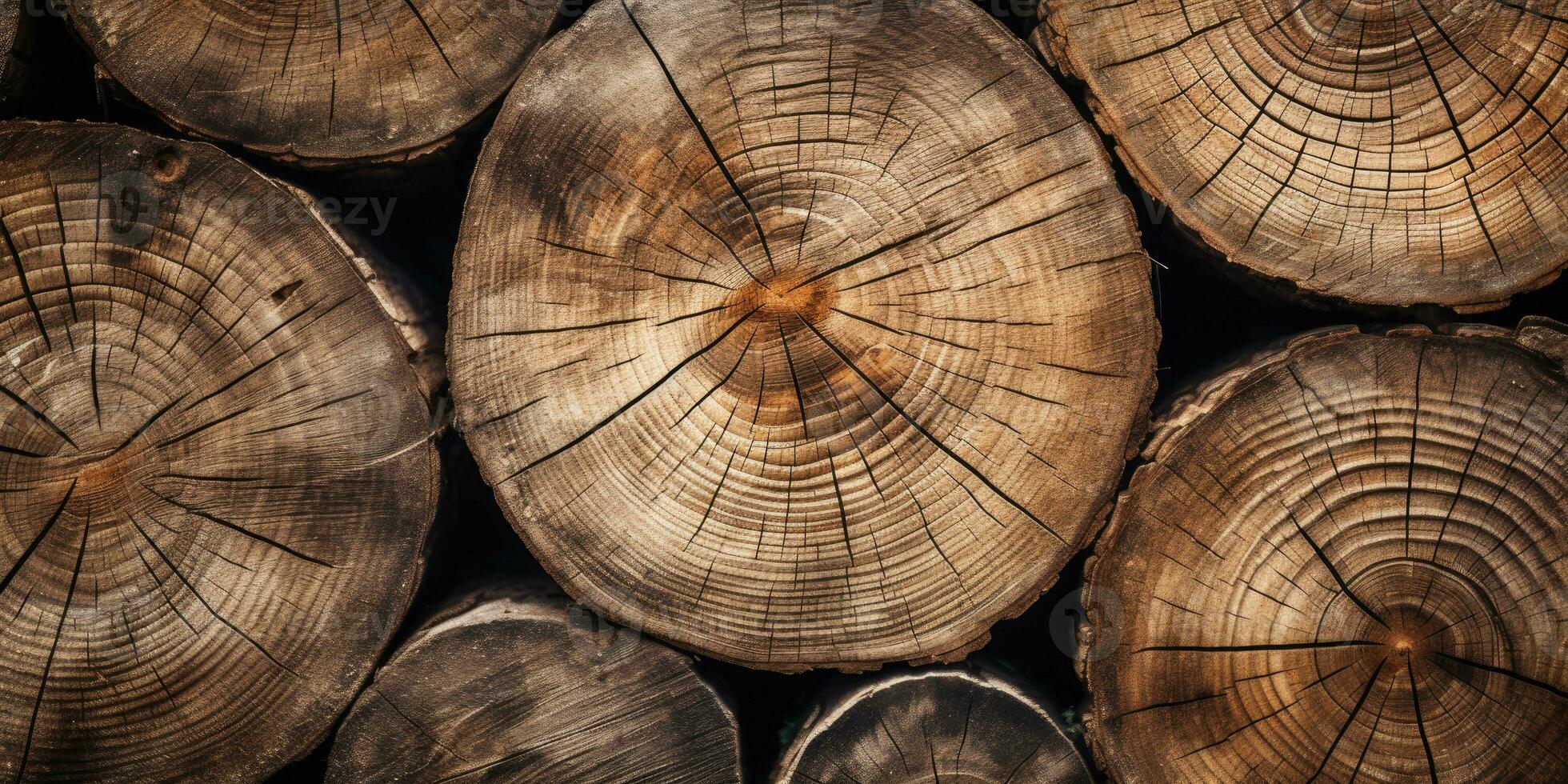 AI generated Wooden natural sawn logs as background.  AI generative. photo