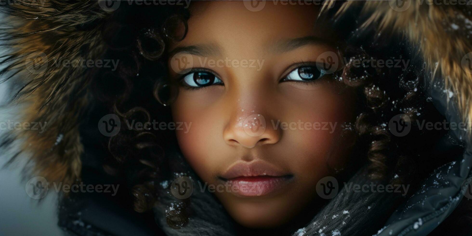 AI generated Close-up of a young black girl in a luxurious fur hooded coat. AI generative. photo
