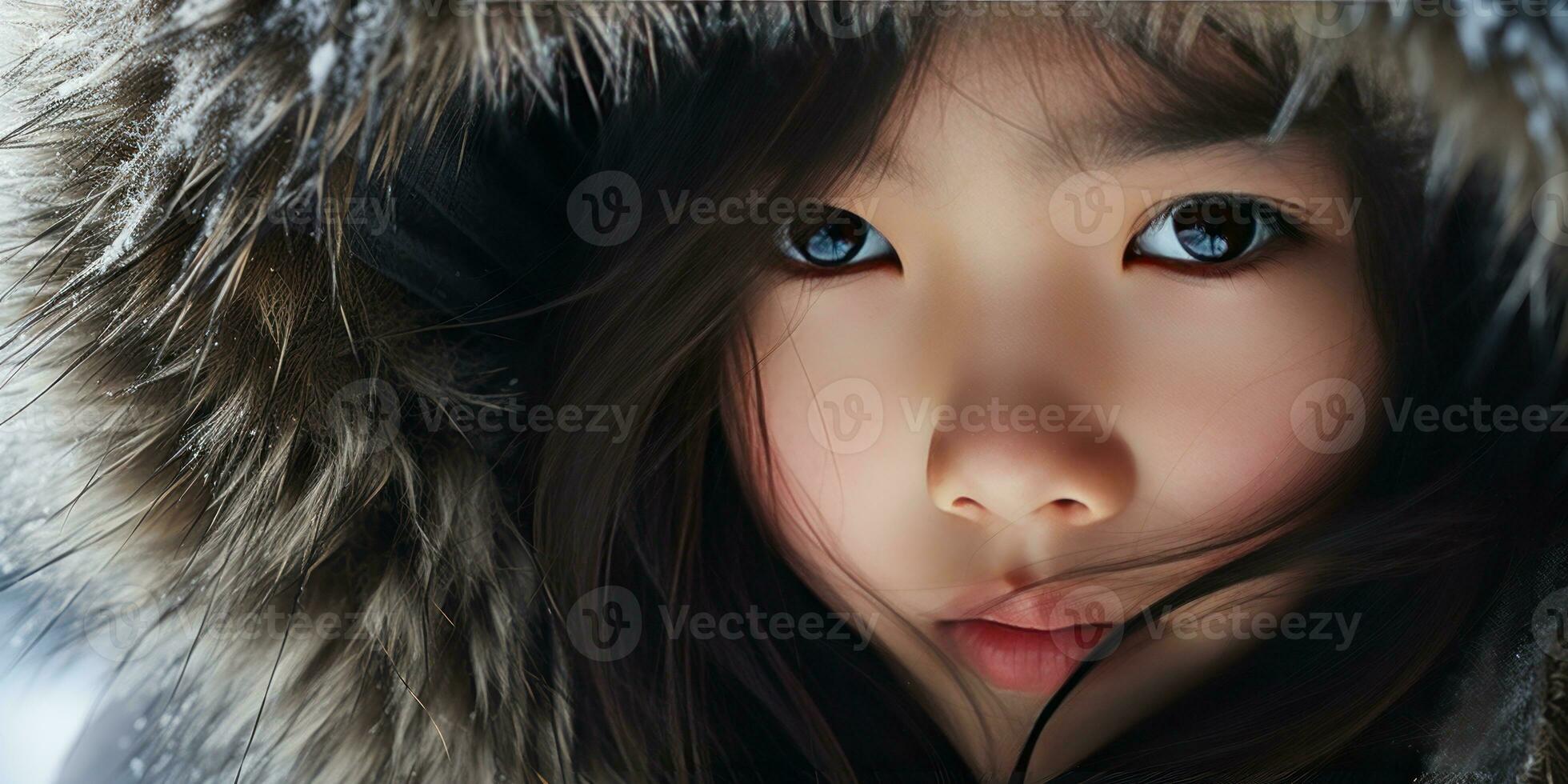 AI generated Young girl in fur coat with intense gaze. AI generative. photo