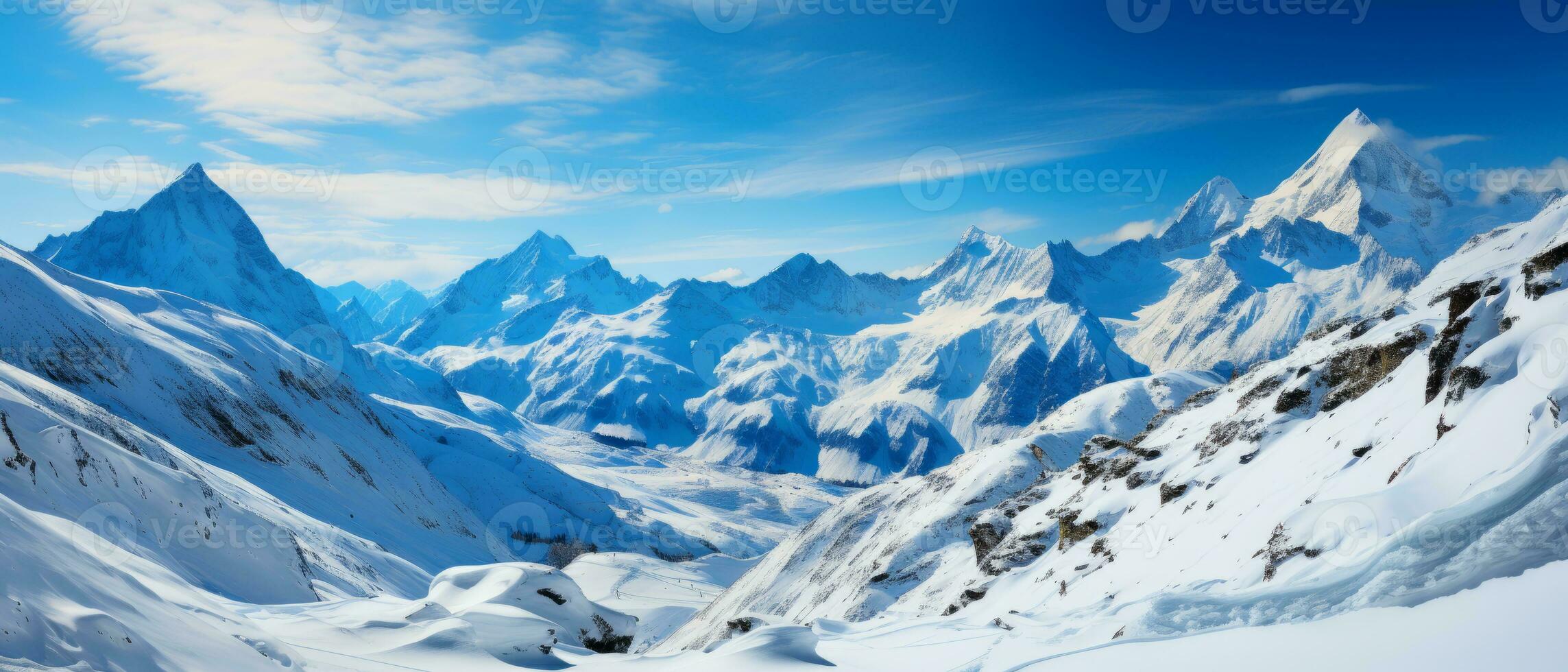 AI generated Breathtaking view of white, snowy mountains under the sun, offering a perfect setting for a winter vacation or ski resort adventure. photo