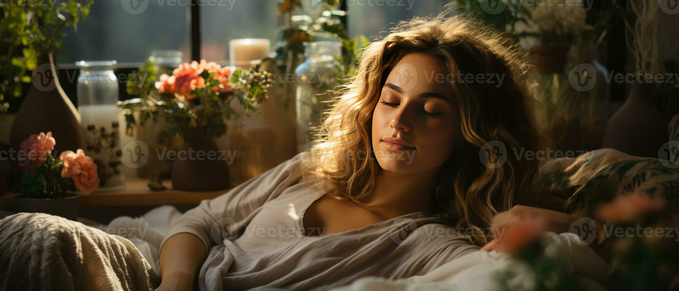 AI generated Photo of a young woman peacefully resting in bed, embodying the essence of mental health and self-care.