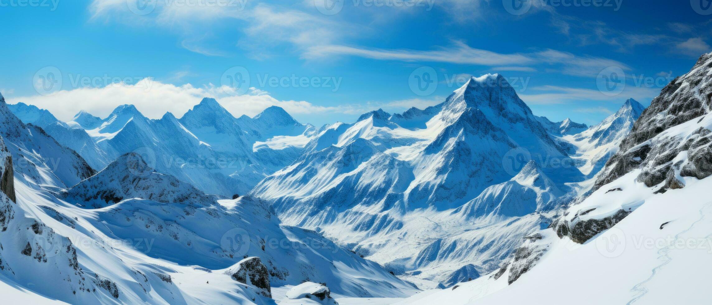 AI generated Breathtaking view of white, snowy mountains under the sun, offering a perfect setting for a winter vacation or ski resort adventure. photo