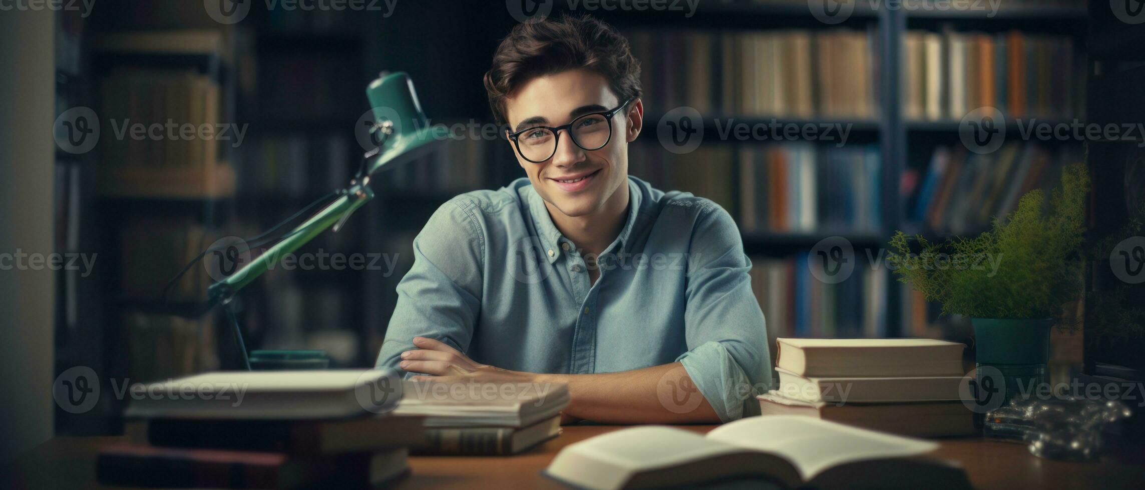 AI generated Young man in glasses deeply engrossed in a book, in a library. AI generative. photo