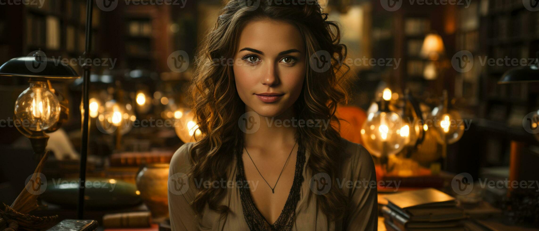 AI generated Trendy female student sitting among bookshelves in an old university library, deeply engrossed in studying. photo
