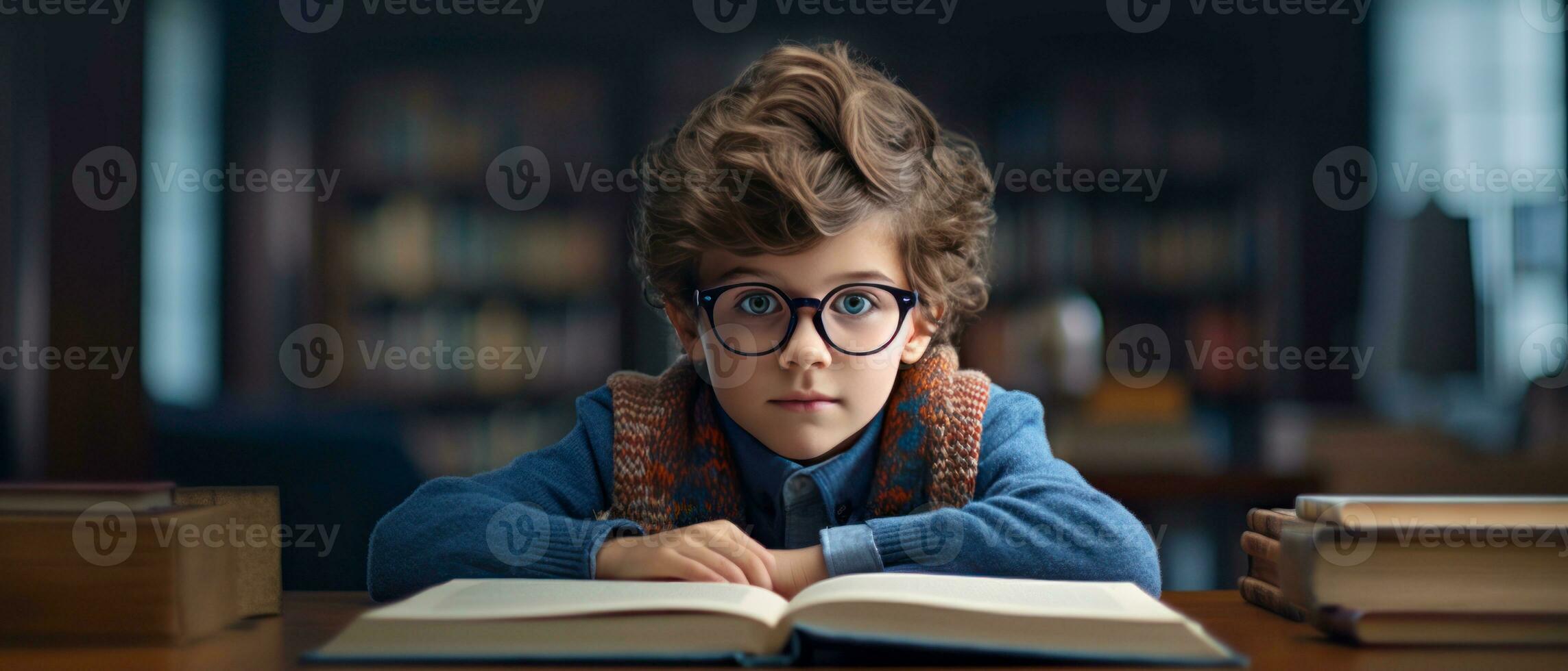 AI generated Young reader in sweater and glasses, absorbed in enchanting story,. AI generative. photo