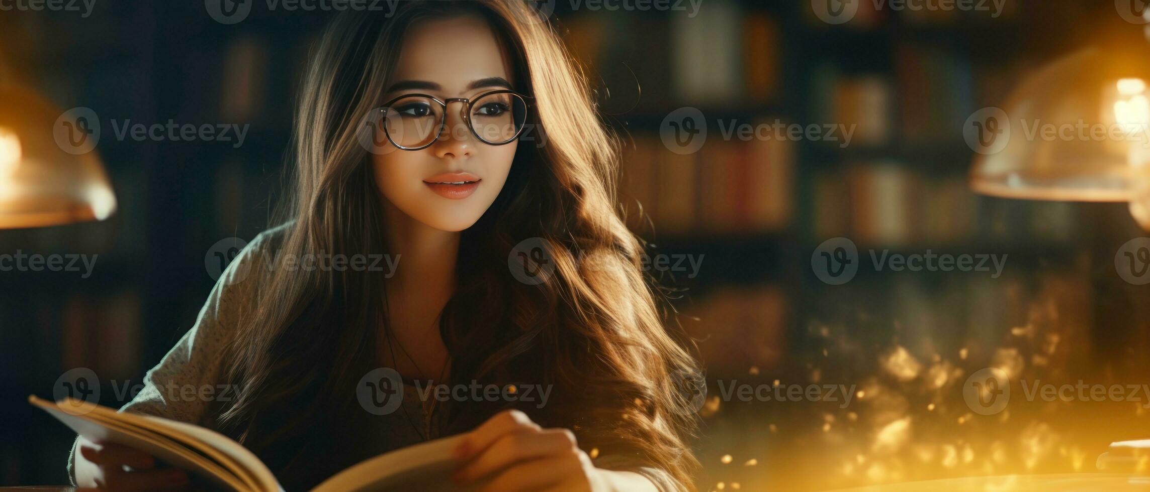 AI generated Young Asian woman engrossed in a book in a library. AI generative. photo