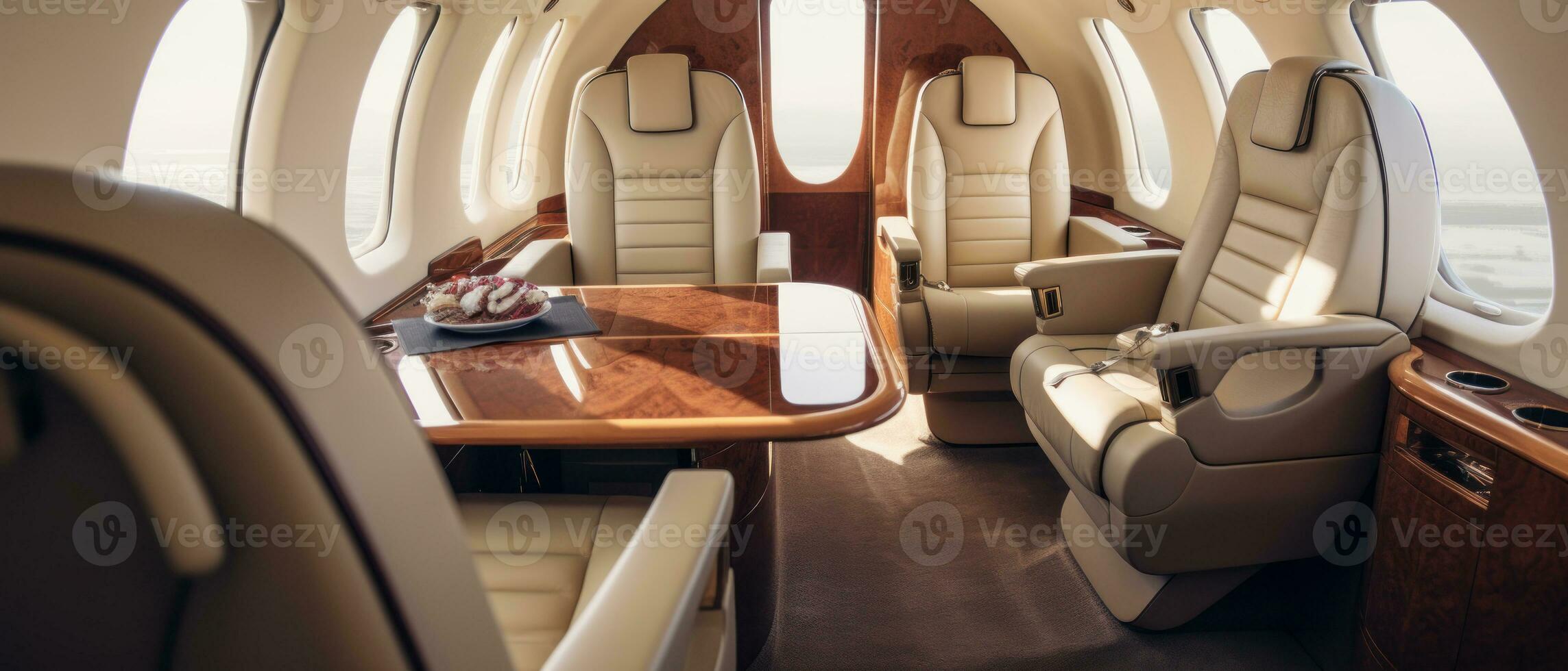 AI generated Luxurious private jet interior, leather seats, plush upholstery. AI generative. photo