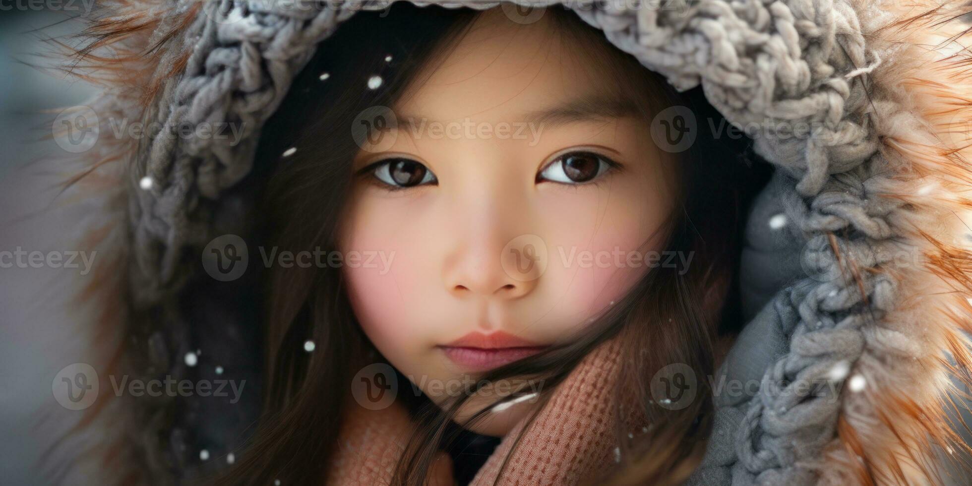 AI generated Young girl in fur coat with intense gaze. AI generative. photo