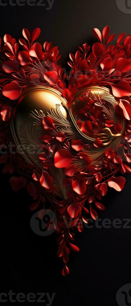 AI generated Artistic heart with roses and shimmering golden elements. AI generative. photo