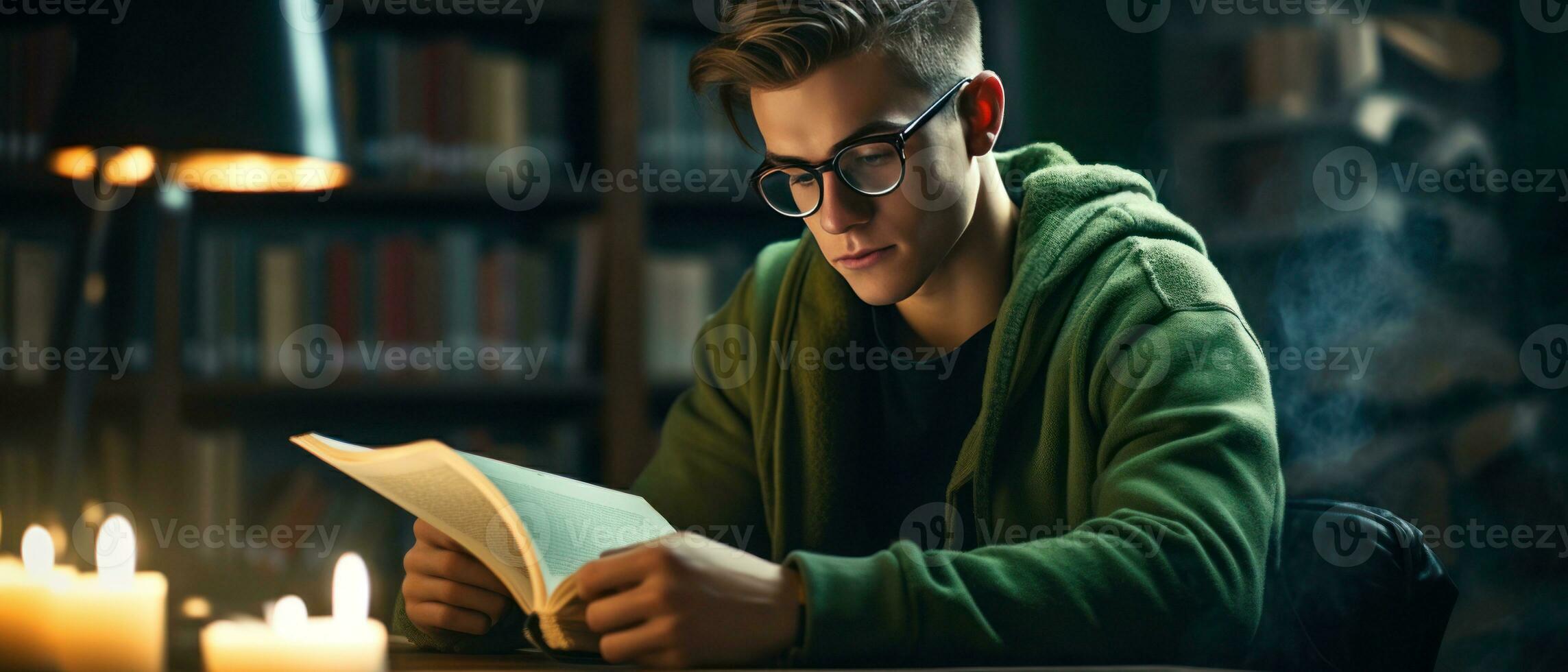 AI generated Young man in glasses deeply engrossed in a book, in a library. AI generative. photo