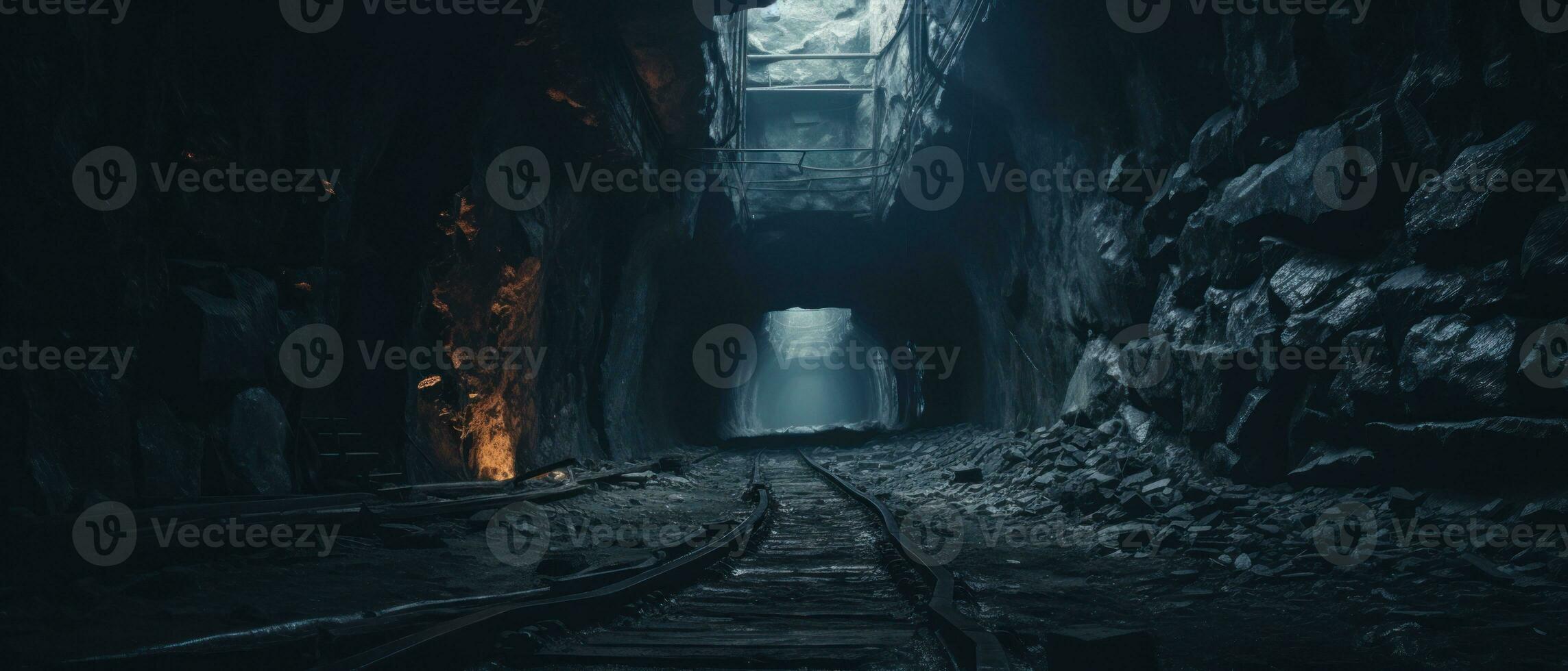 AI generated Eerie underground tunnel with abandoned train track. AI generative. photo
