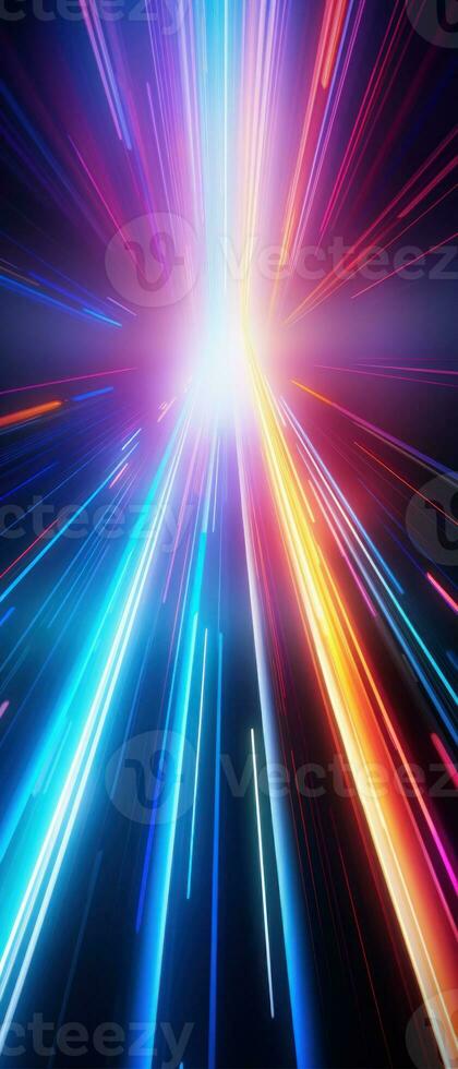 AI generated Dynamic, colorful light trails in a dark, starburst-patterned tunnel, symbolizing hyperspace or warp speed. photo