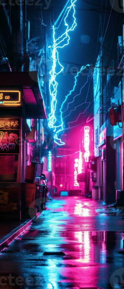 AI generated Nature's dazzling display. This abstract image captures the force of a thunderstorm, with a lightning bolt striking over the city. photo