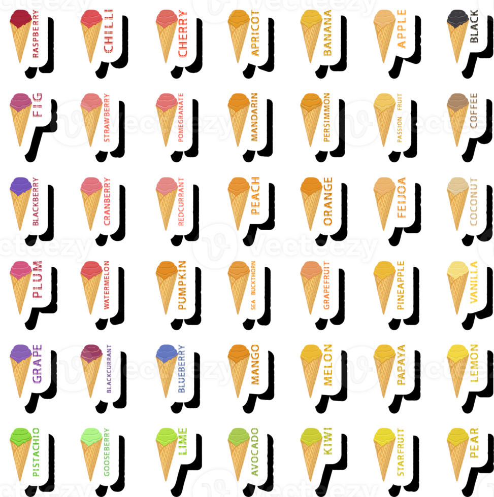 Big colorful set different tastes natural dessert ice cream of consisting various ingredients png
