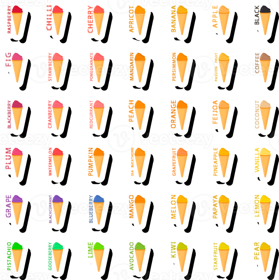 Big colorful set different tastes natural dessert ice cream of consisting various ingredients png