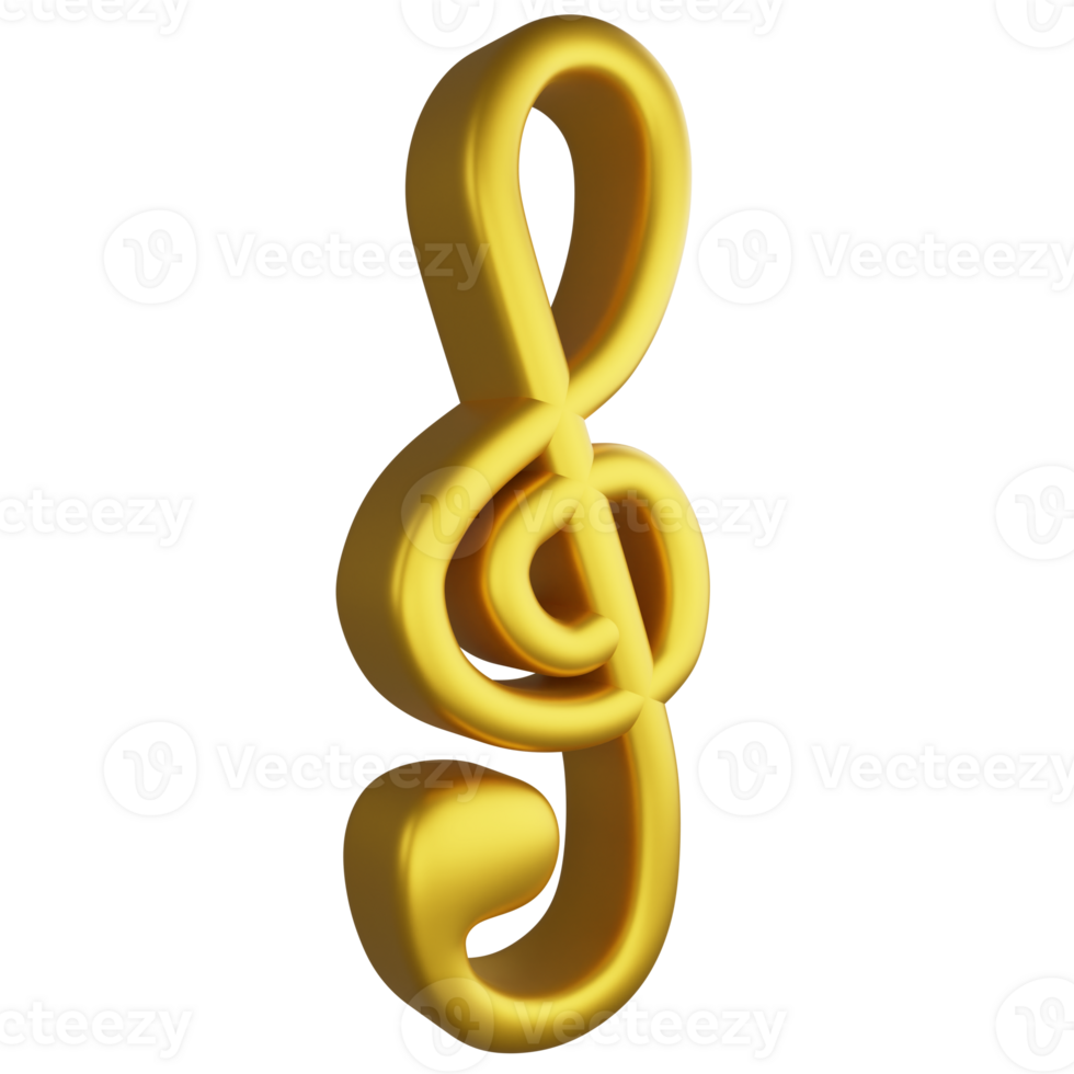 Treble clef or G clef note side view metallic gold clipart flat design icon isolated on transparent background, 3D render entertainment and music concept png